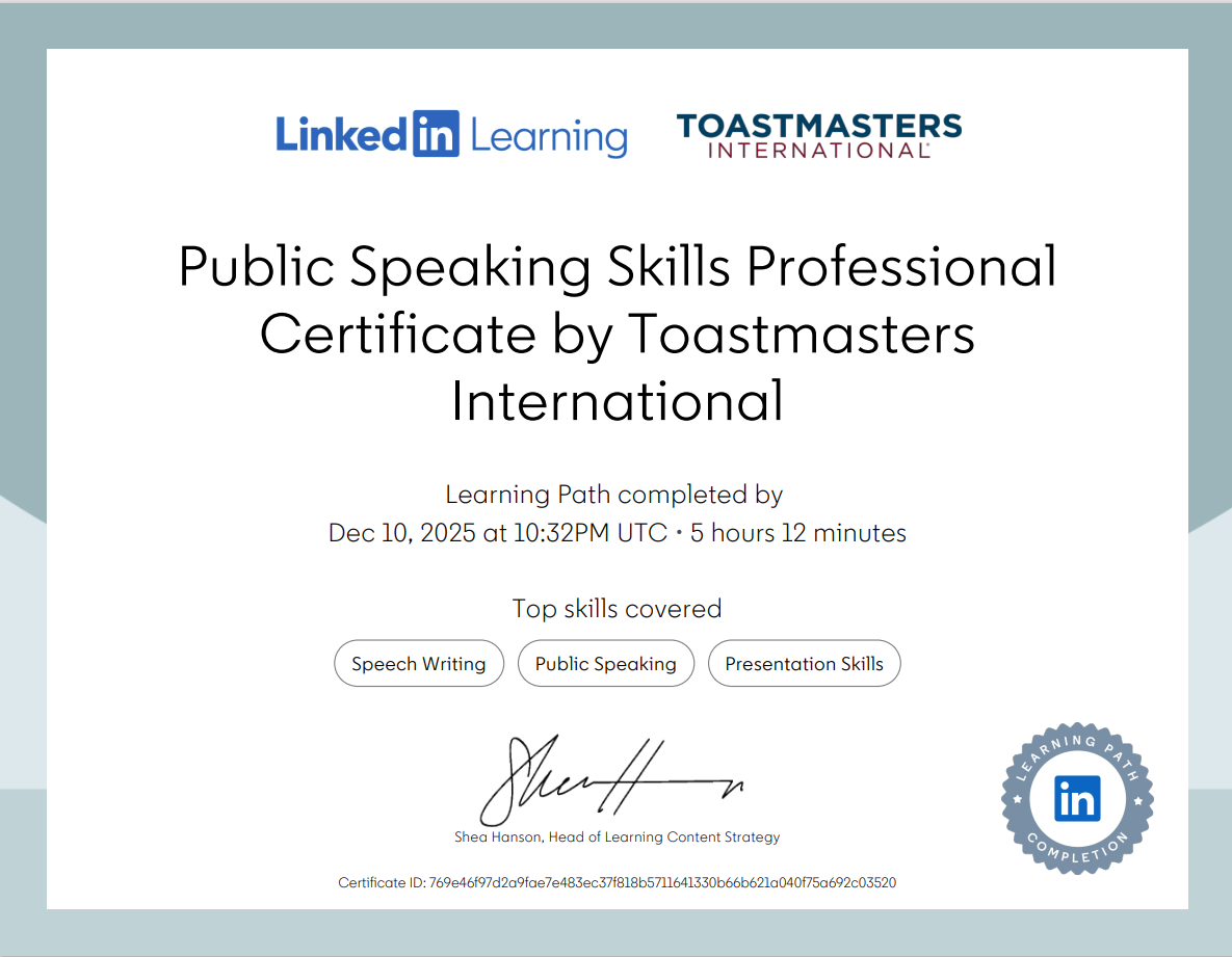 Public Speaking Skills Professional Certificate by Toastmasters International